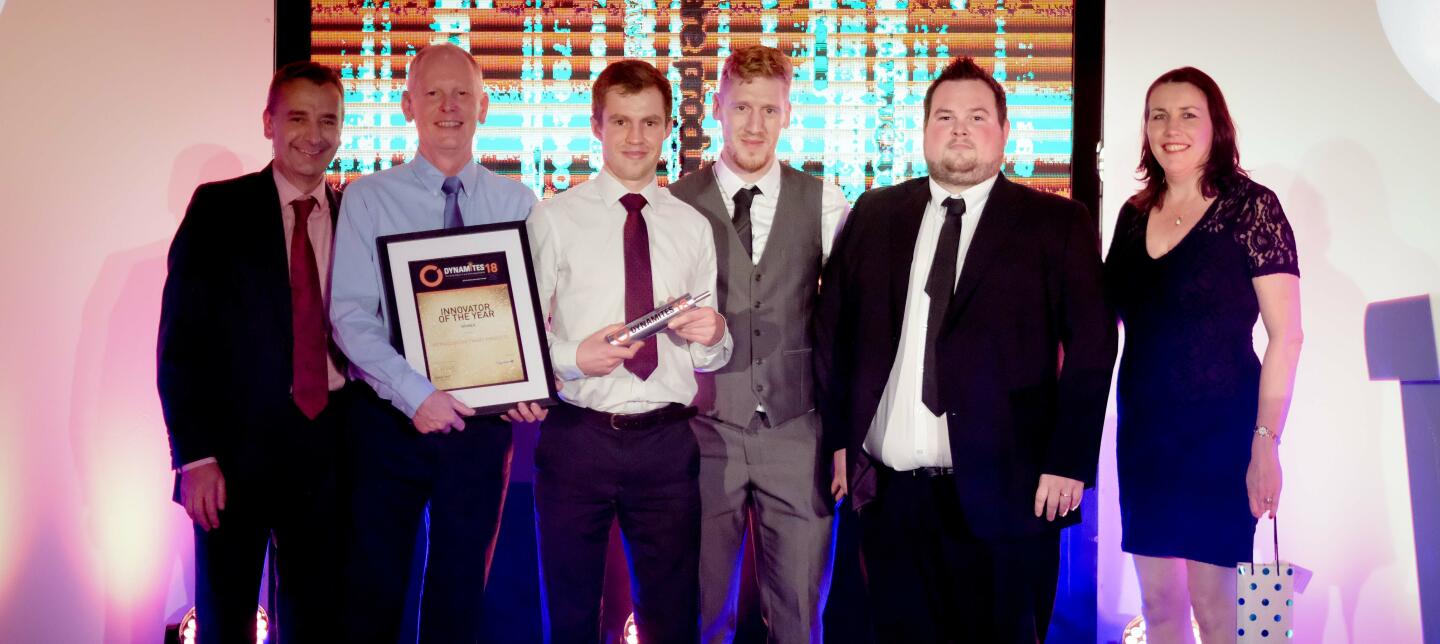 Left to right: Representative from Capgemini, Matt Oakley, presenting the Innovator of the year award to Tony Brown, Laurence Reeves, Stephen Doyle, Jonathan Dent and Marianne Whitfield from MSP.