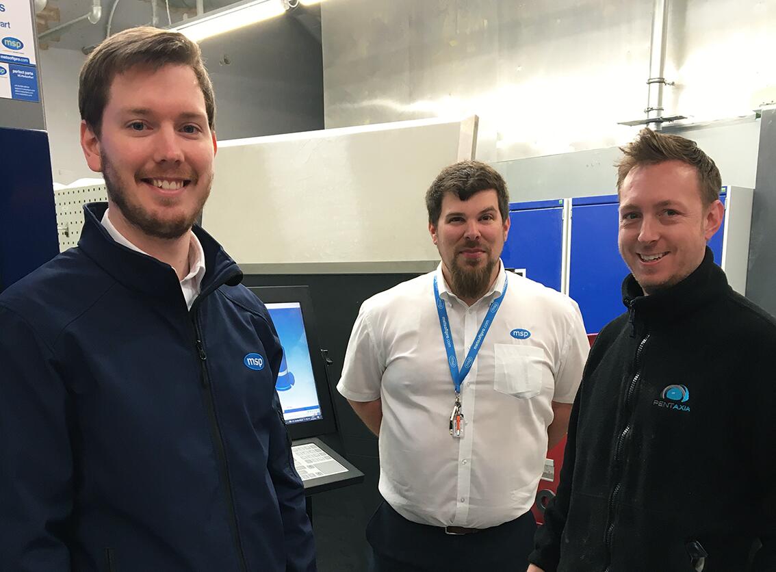 Andy Tye and Stefan Hafner from MSP (left and centre) with Sean Usher, Pentaxia’s CNC Machining Supervisor. 