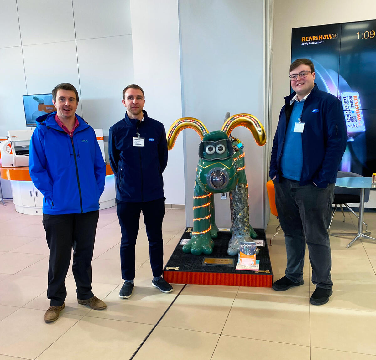 Jack and Alex at Renishaw with Gromitronic and Matt Lorkin from Renishaw